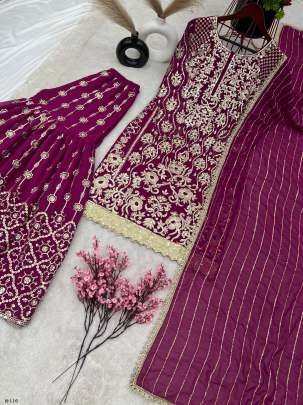Designer Georgette Purple Suit Dupatta and Stitched Gharara