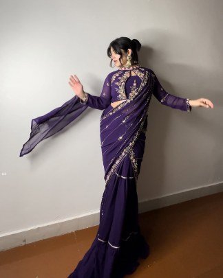 Purple Designer Georgette Ready To Wear Saree With Blouse