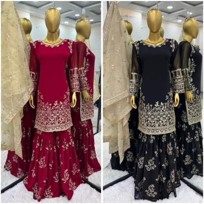 Designer Georgette Readymade Pakistani Sharara Plazzo Suits With Jimmy Choo Dupatta
