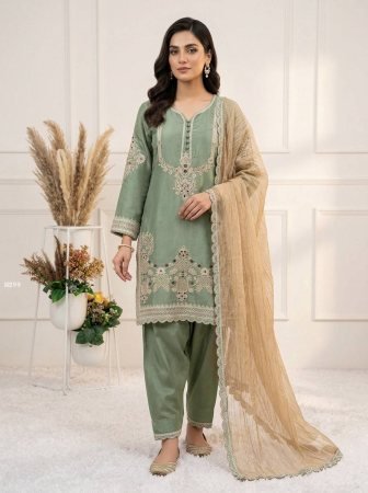 Designer Glass Satin Embroidered Green Salwar Suit