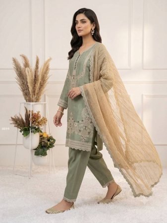 Designer Glass Satin Embroidered Green Salwar Suit