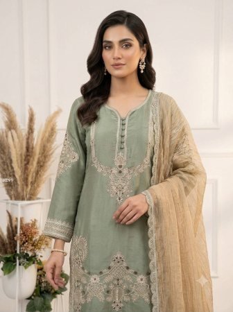 Designer Glass Satin Embroidered Green Salwar Suit