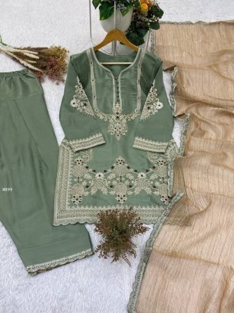 Designer Glass Satin Embroidered Green Salwar Suit