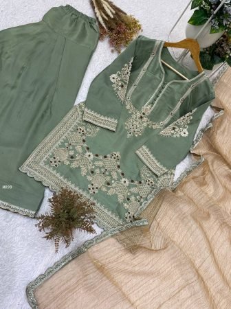 Designer Glass Satin Embroidered Green Salwar Suit