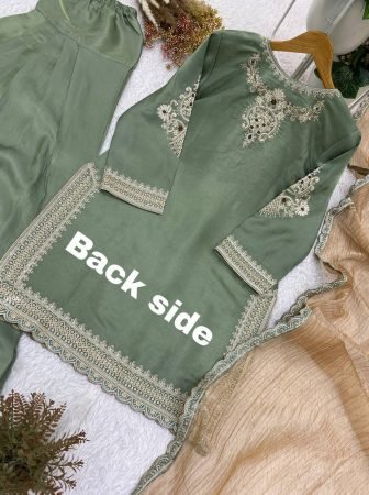 Designer Glass Satin Embroidered Green Salwar Suit