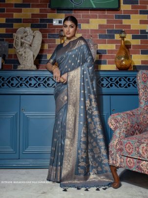 Designer Gray Zari Weaving Border Work Banarasi Silk Saree