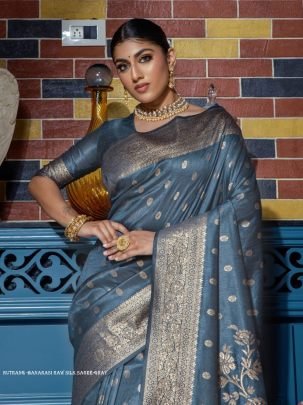 Designer Gray Zari Weaving Border Work Banarasi Silk Saree