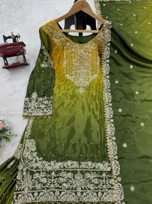 Designer Green Two Shaded Heavy Sharara Set With Chinon Fabric