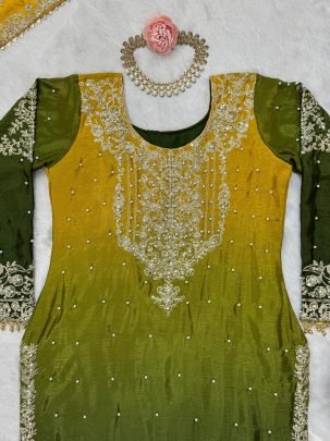 Designer Green Two Shaded Heavy Sharara Set With Chinon Fabric