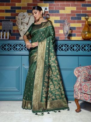 Designer Green Zari Weaving Border Work Banarasi Silk Saree