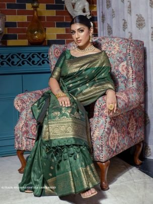 Designer Green Zari Weaving Border Work Banarasi Silk Saree