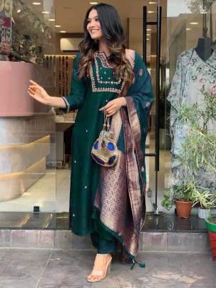 Designer Heavy Cording Work Silk Kurtis Three Piece Kurtis