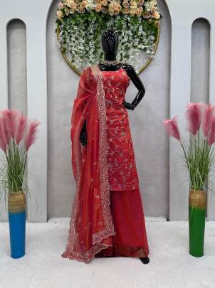 Designer Jimmy Chu Thread and Sequence Work Red Palazzo Suit
