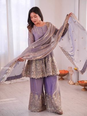 Designer Lavender Silk Palazzo Suit With Dupatta 