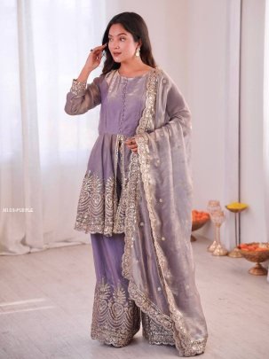 Designer Lavender Silk Palazzo Suit With Dupatta