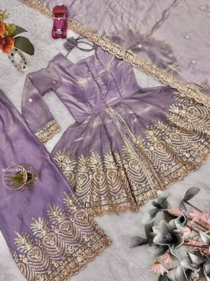 Designer Lavender Silk Palazzo Suit With Dupatta