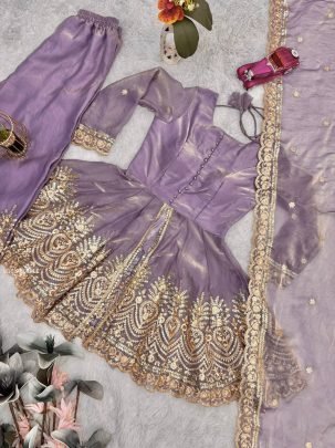 Designer Lavender Silk Palazzo Suit With Dupatta