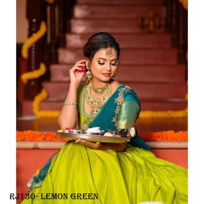 Designer Lemon Green Kanjivaram Silk Pure Zari Half Saree