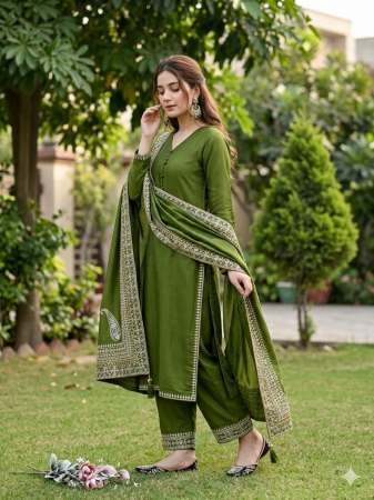 Designer Mehendi Green Roman Silk Pakistani Palazzo Suit