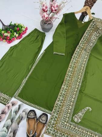 Designer Mehendi Green Roman Silk Pakistani Palazzo Suit
