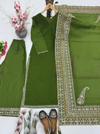 Designer Mehendi Green Roman Silk Pakistani Palazzo Suit