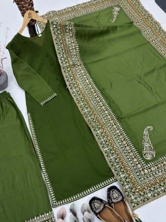 Designer Mehendi Green Roman Silk Pakistani Palazzo Suit