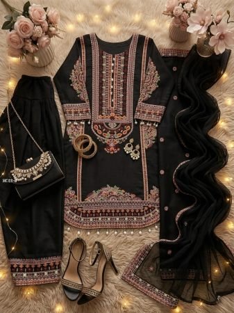 Designer Mul Chanderi Black Palazzo Suit Set
