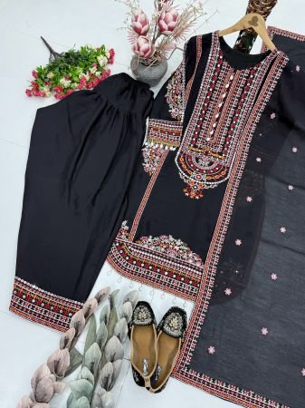 Designer Mul Chanderi Black Palazzo Suit Set