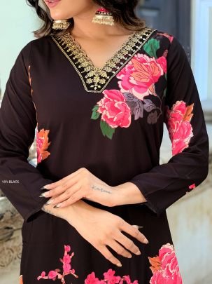Designer Muslin Black Floral Print Kurti Pant With Dupatta Set