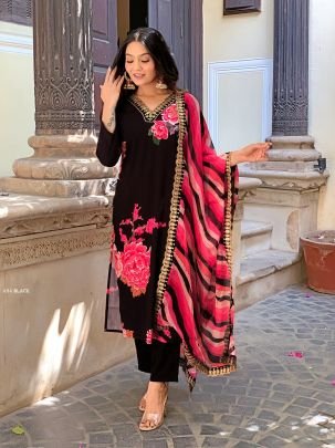 Designer Muslin Black Floral Print Kurti Pant With Dupatta Set