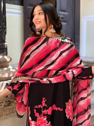 Designer Muslin Black Floral Print Kurti Pant With Dupatta Set