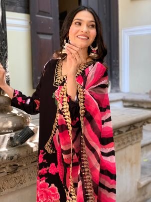 Designer Muslin Black Floral Print Kurti Pant With Dupatta Set