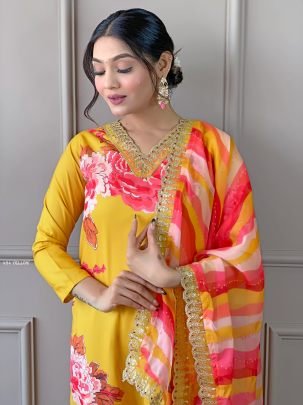 Designer Muslin Yellow Floral Print Kurti Pant With Dupatta Set