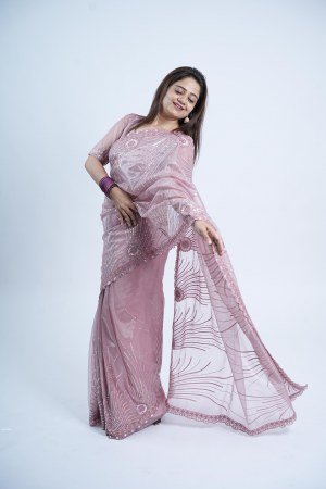 Designer Net Saree with Thread Embroidery For Women