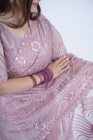 Designer Net Saree with Thread Embroidery For Women