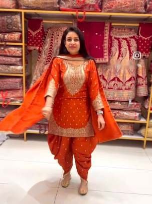 Designer Orange 5mm Sequence And Embroidery Pure Chinon Silk Top And Dhoti Suits
