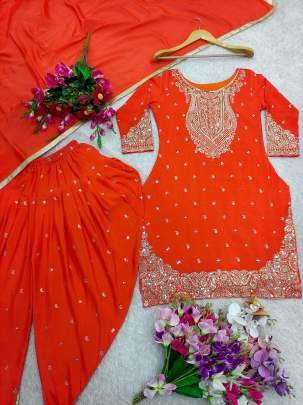 Designer Orange 5mm Sequence And Embroidery Pure Chinon Silk Top And Dhoti Suits