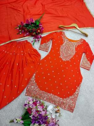 Designer Orange 5mm Sequence And Embroidery Pure Chinon Silk Top And Dhoti Suits
