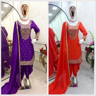 Designer Orange 5mm Sequence And Embroidery Pure Chinon Silk Top And Dhoti Suits