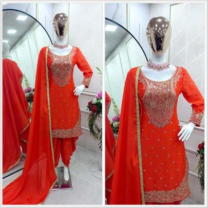 Designer Orange 5mm Sequence And Embroidery Pure Chinon Silk Top And Dhoti Suits