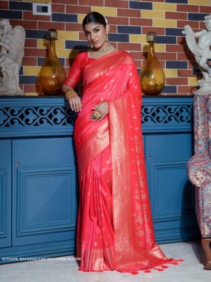 Designer Orange Zari Weaving Border Work Banarasi Silk Saree
