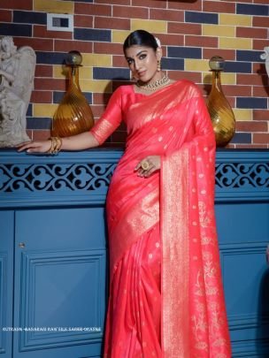 Designer Orange Zari Weaving Border Work Banarasi Silk Saree