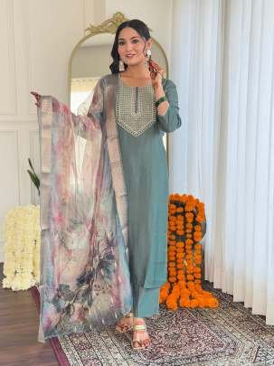 Designer Party Wear Embroidered Straight Kurti Pant Pair