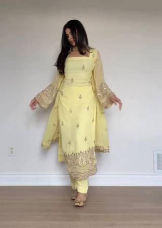 Women Pastel Yellow Embroidered Kurta Pant Set with Dupatta