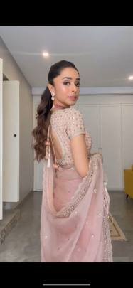 designer peach organza silk saree with thread and sequence work