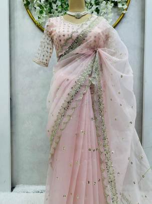 designer peach organza silk saree with thread and sequence work