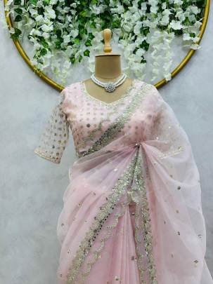 designer peach organza silk saree with thread and sequence work