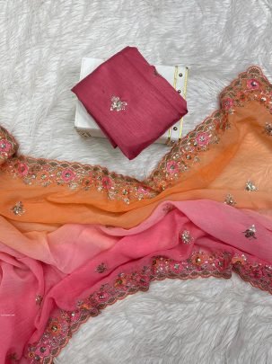 Designer Peachy Pink Saree With Unstitched Blouse