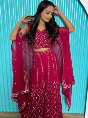 Designer Pink Colour in Thread Work Top Palazzo With Shrug