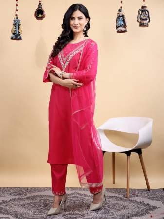 Designer Pink Embroidered Blend  Cotton Kurta Pant Dupatta Set	